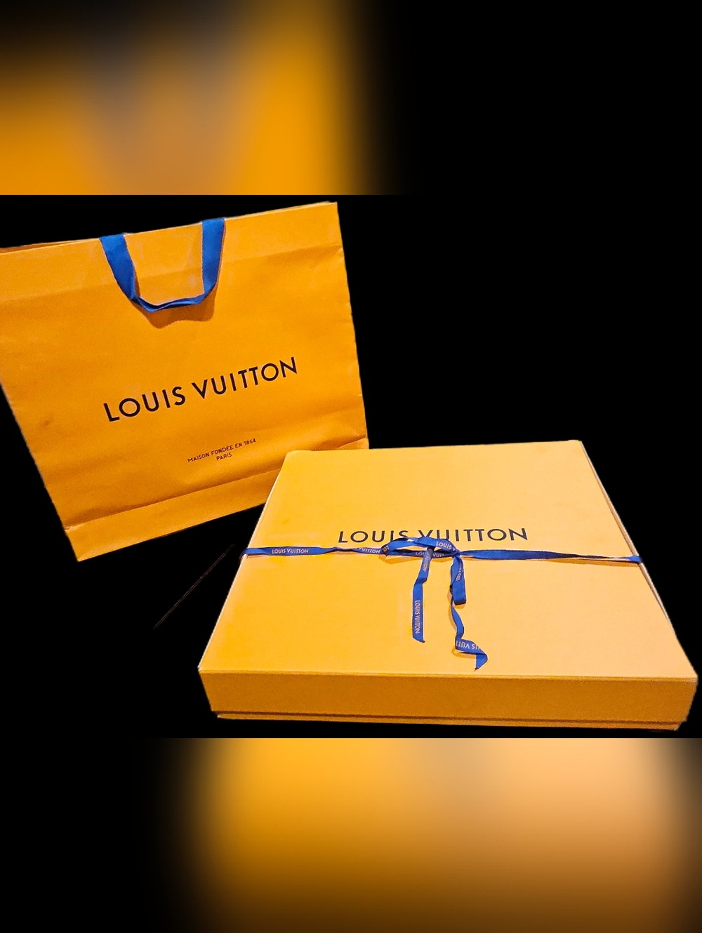 Authentic Louis Vuitton Magnetic Box Gift Set Paper Shopping Bag Blue Ribbon